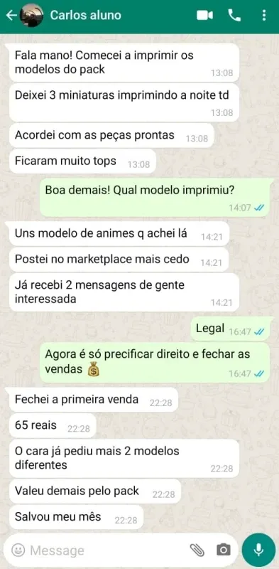 Depoimento WhatsApp — resultados com a Central 3D
