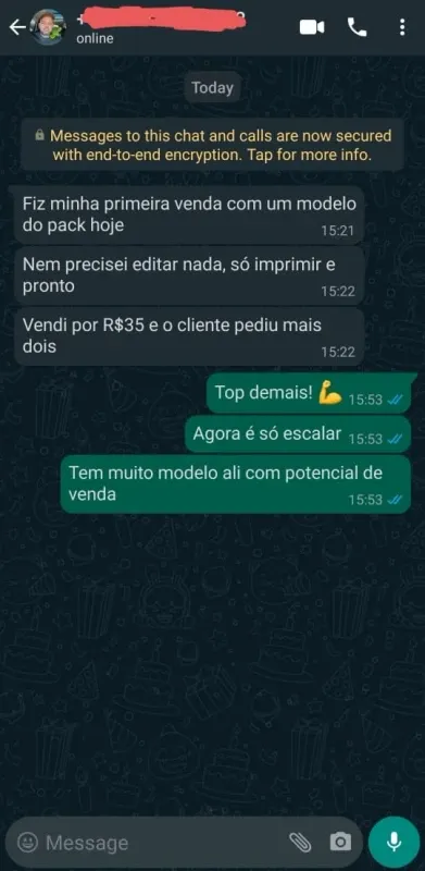 Depoimento WhatsApp de aluno — Central 3D Lucrativa