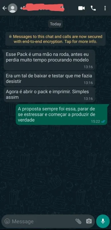 Depoimento WhatsApp de aluno — resultados com impressão 3D